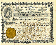 Lyra Casino stock certificate, 1898