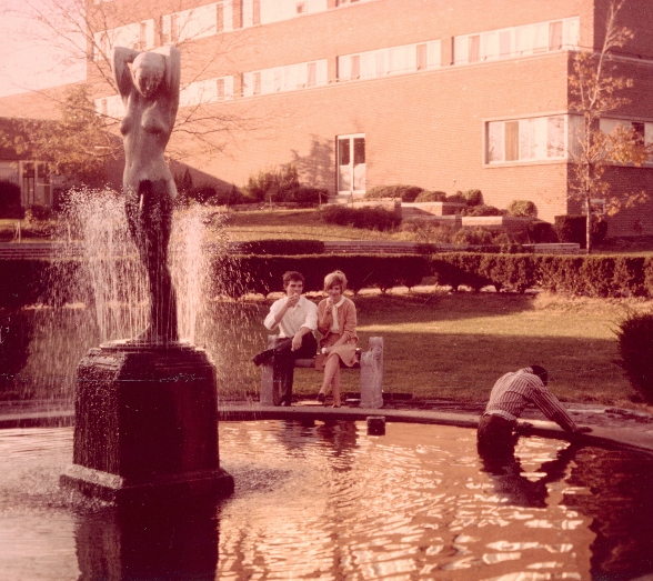 Man climbing out of a fountain while two people on a bench laugh